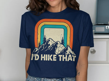 Navy t-shirt with mountains, retro rainbow, and "I'd Hike That" text.