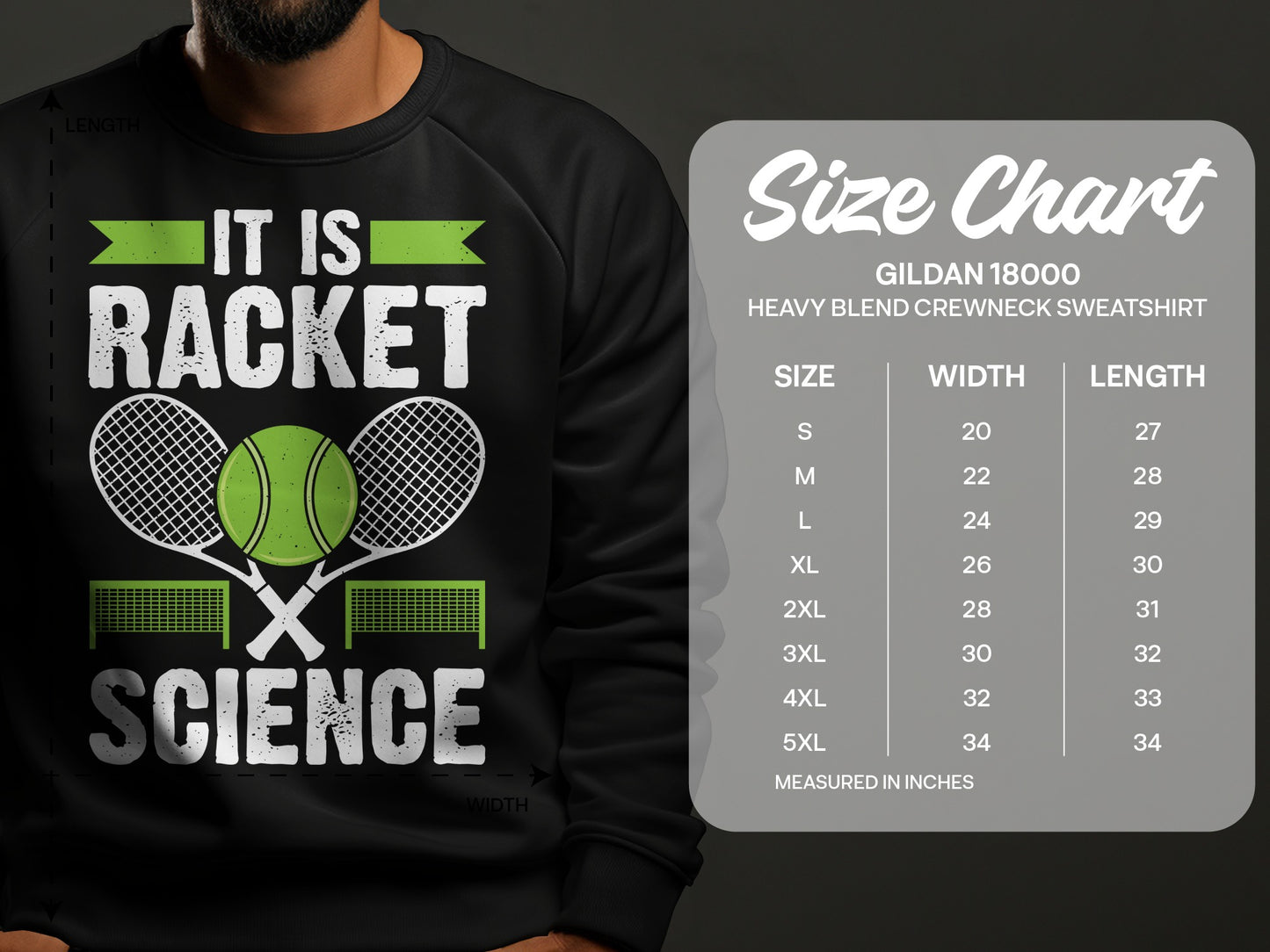 Sweatshirt with "It is Racket Science" graphic and size chart.