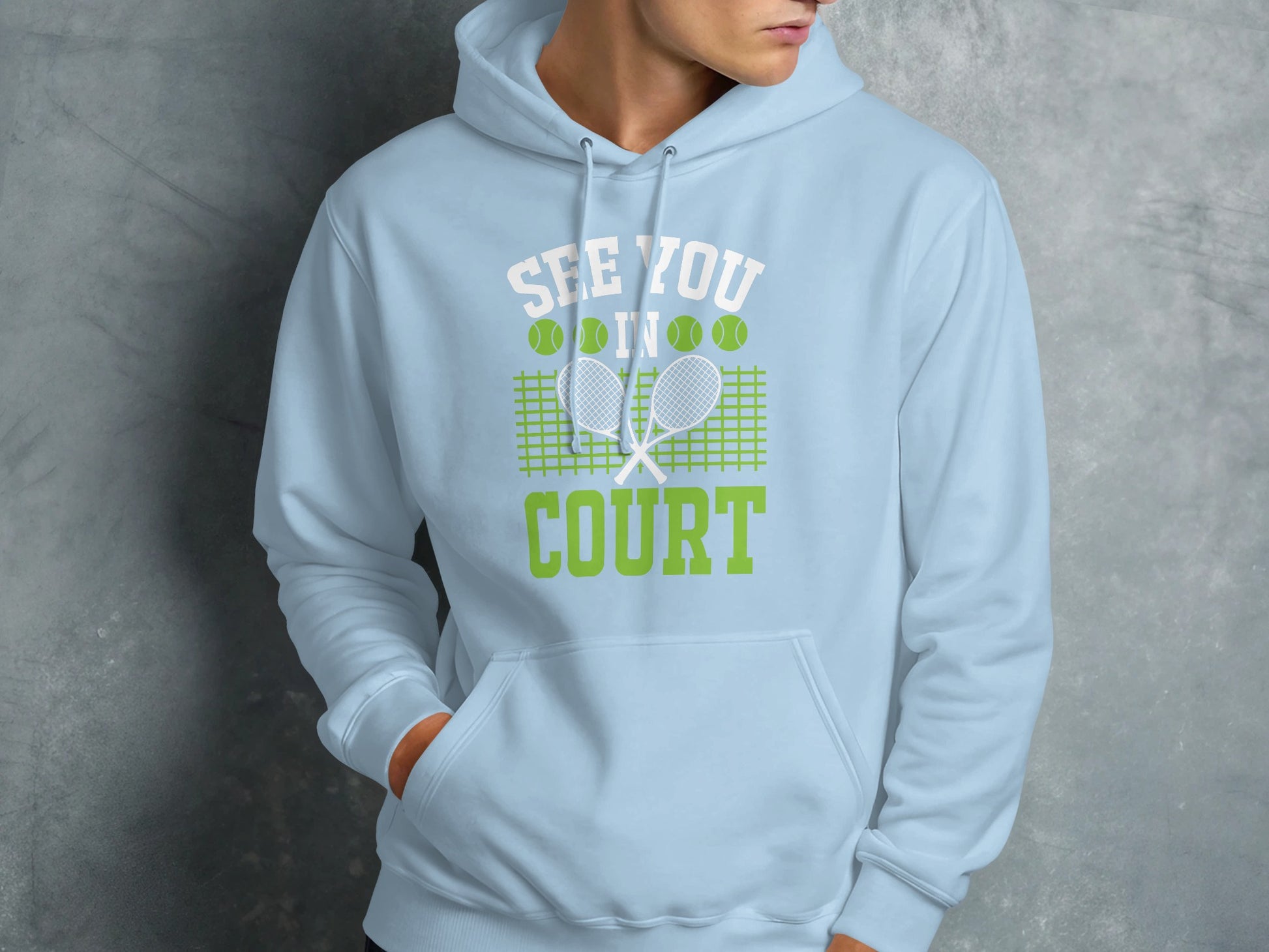 Light blue hoodie with "See You In Court" text and tennis graphics.