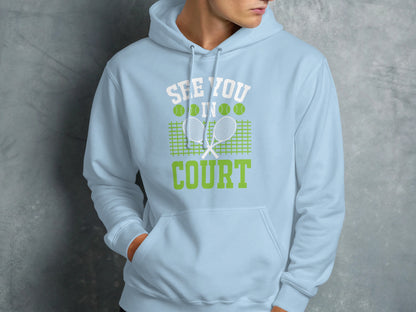 Light blue hoodie with "See You In Court" text and tennis graphics.