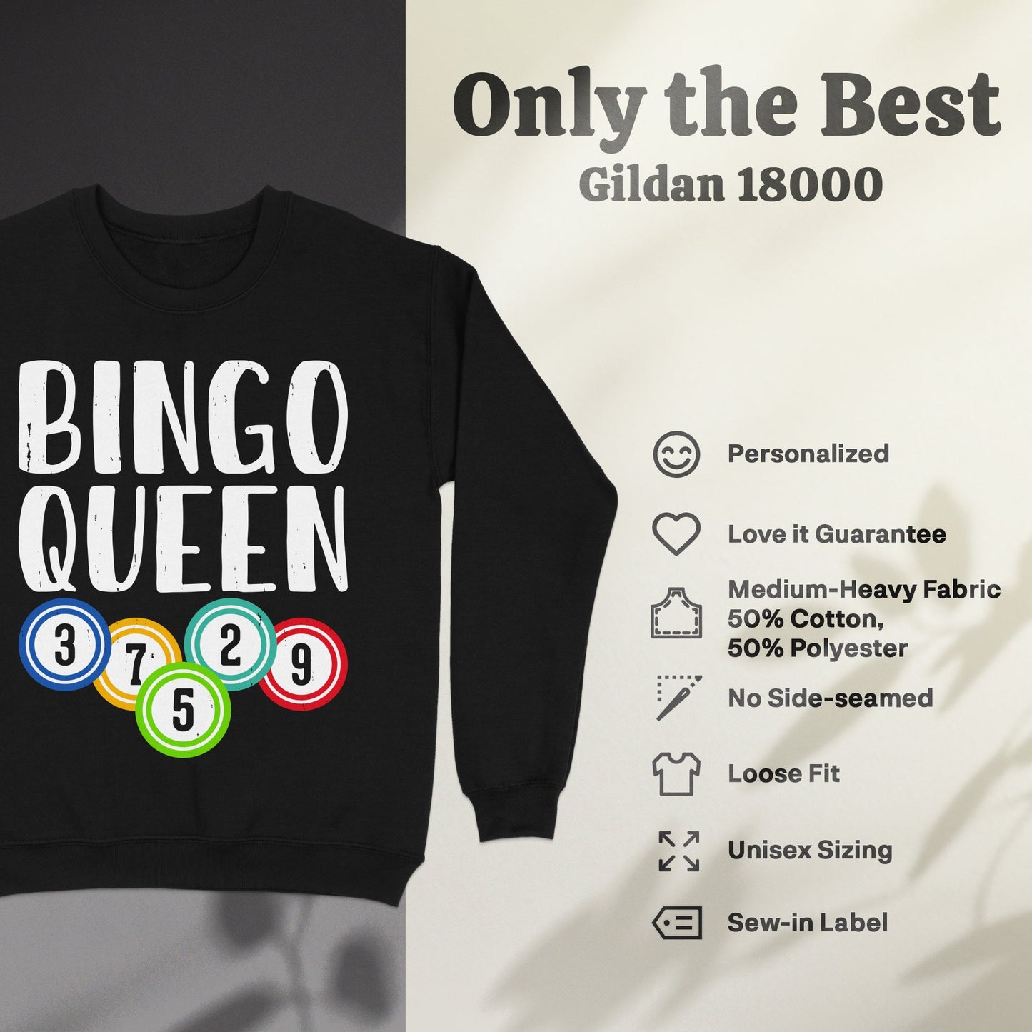 Black sweatshirt with "BINGO QUEEN" text and colorful bingo balls.