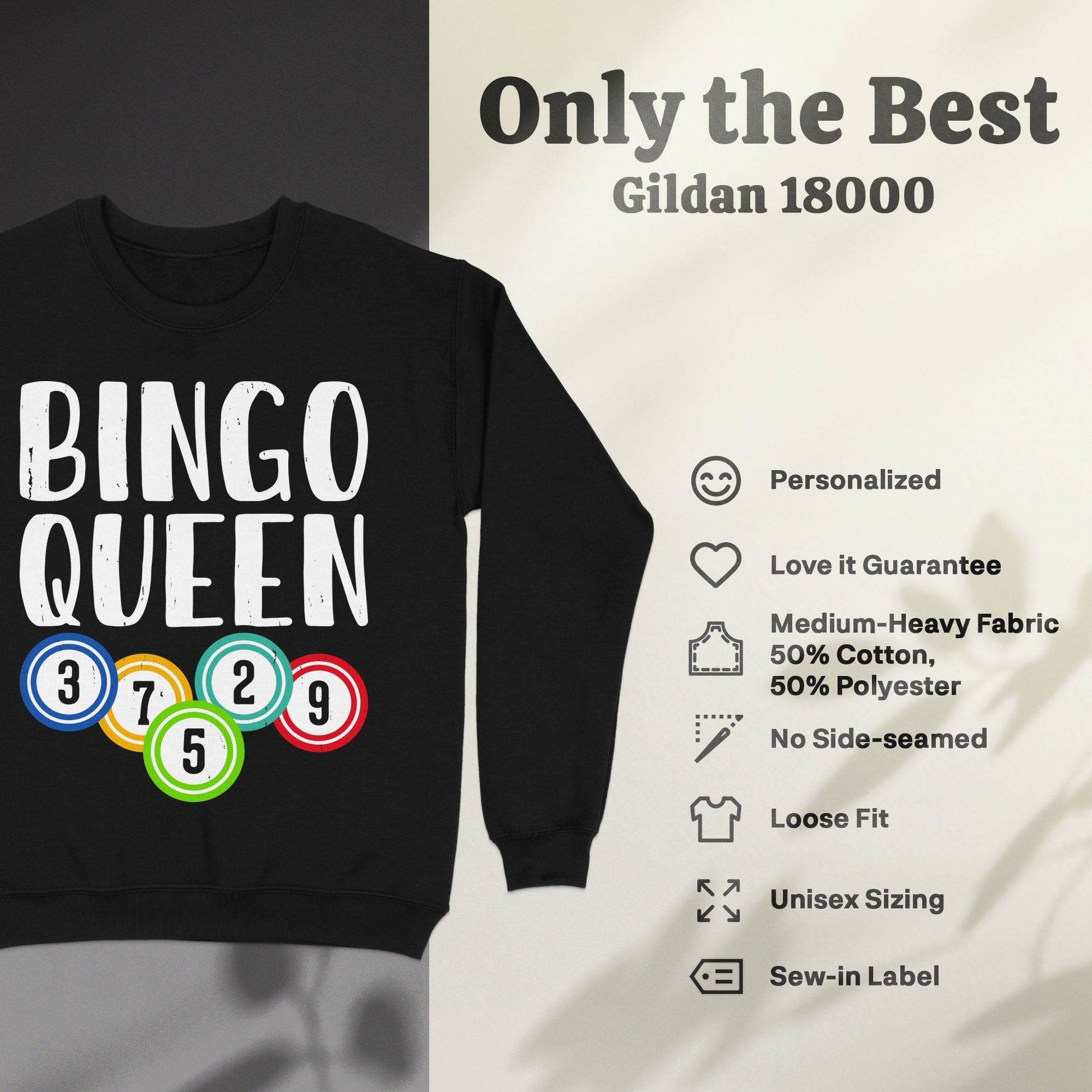 Black sweatshirt with "BINGO QUEEN" text and colorful bingo balls.