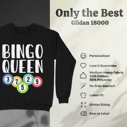 Black sweatshirt with "BINGO QUEEN" text and colorful bingo balls.