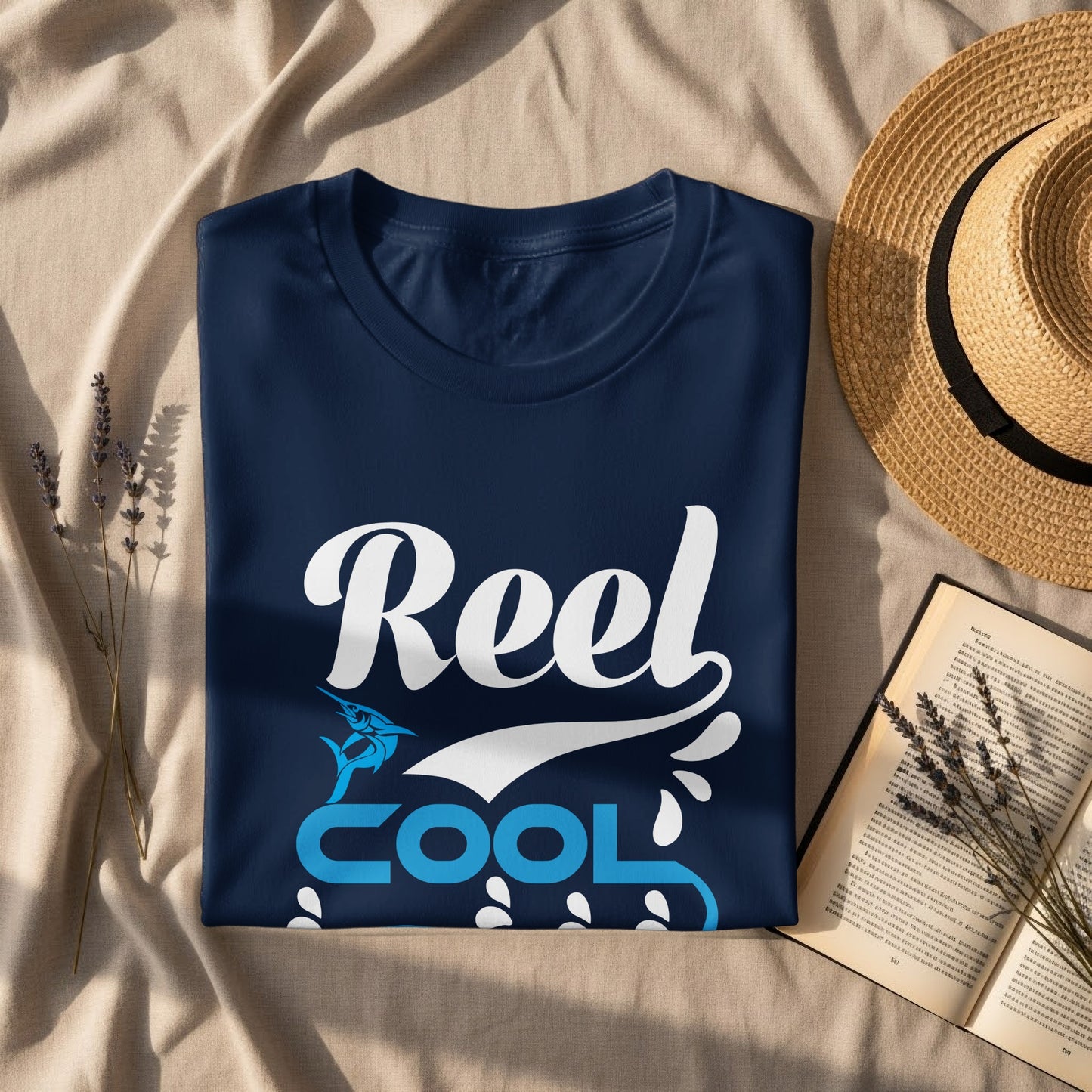Navy t-shirt with "Reel Cool" text and marlin graphic.