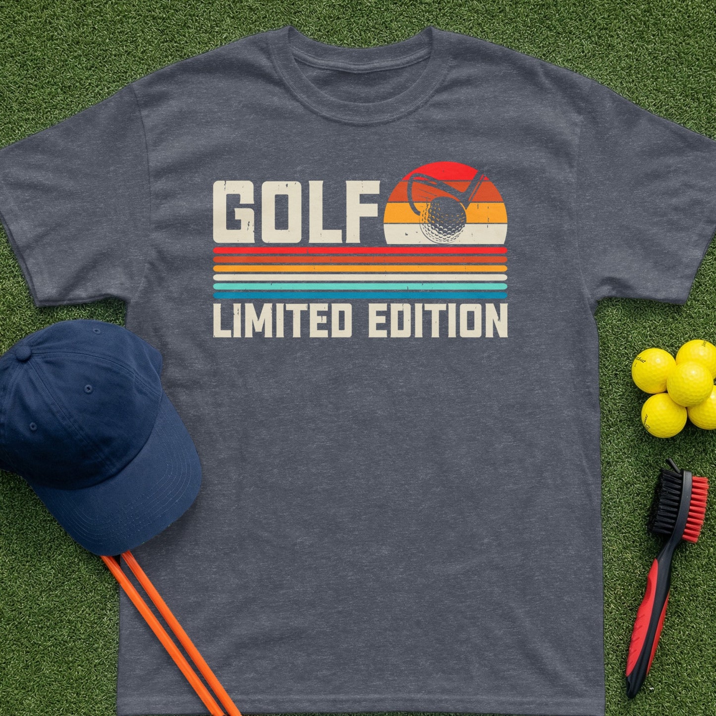 Dark grey t-shirt with "GOLF LIMITED EDITION" text and golf sunset graphic.