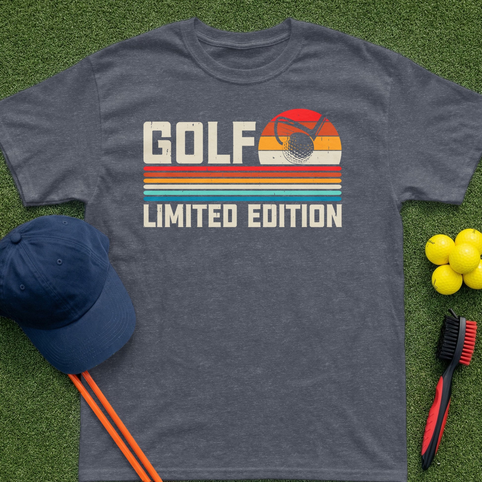 Dark grey t-shirt with "GOLF LIMITED EDITION" text and golf sunset graphic.