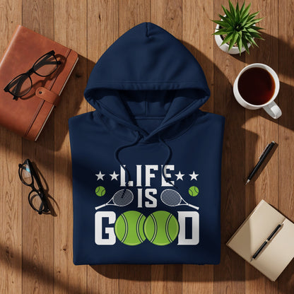 Navy blue hooded sweatshirt with "LIFE IS GOOD" and tennis imagery.