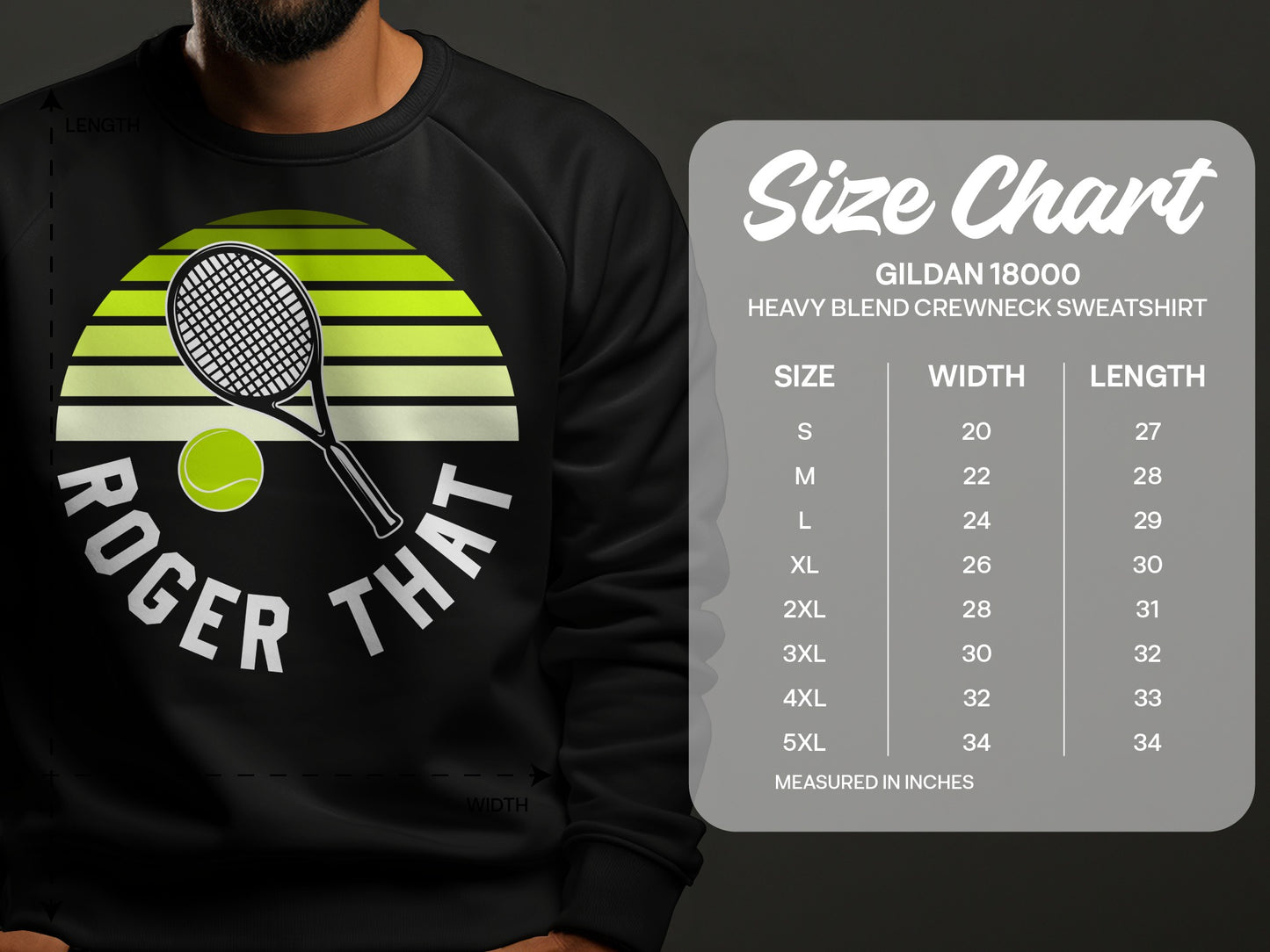 T-shirt graphic with "Roger That" text, tennis racket, and ball, with size chart.