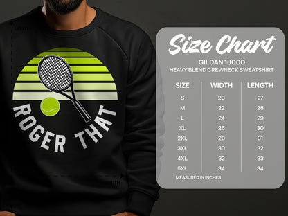 T-shirt graphic with "Roger That" text, tennis racket, and ball, with size chart.
