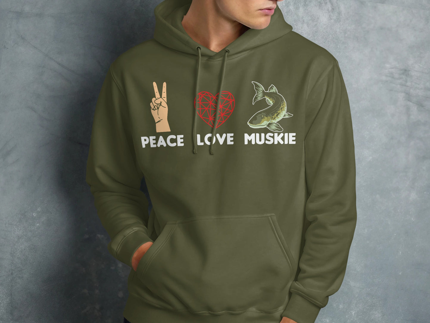 Green hoodie with peace sign, heart, and muskie graphic and text.