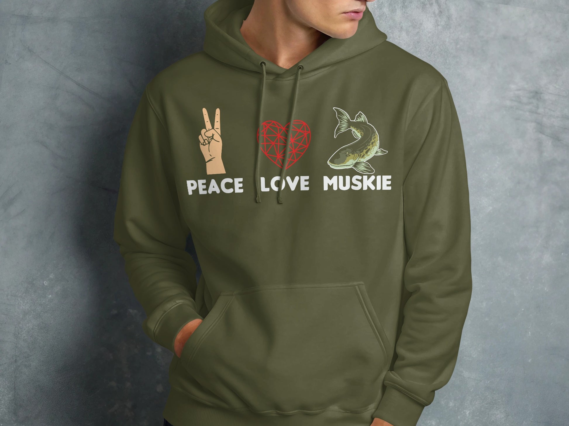 Green hoodie with peace sign, heart, and muskie graphic and text.