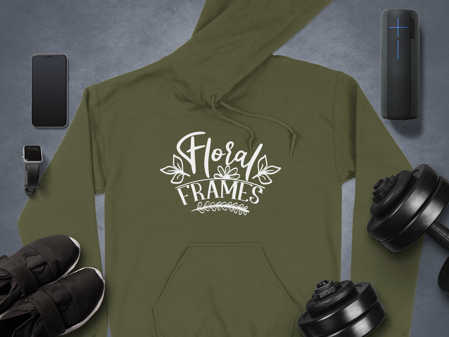 Floral Frames Graphic on Olive Green Hoodie