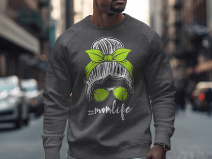 Grey sweatshirt with lime green messy bun, sunglasses, and "#momlife" text.