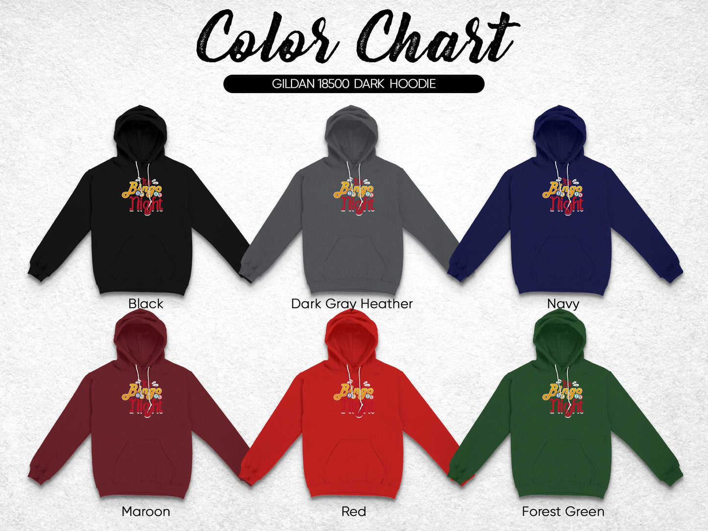 Color chart for Gildan 18500 dark hoodies in six colors.