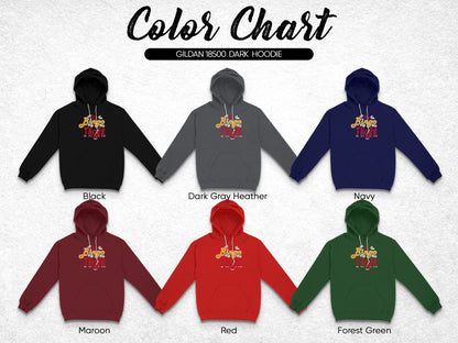 Color chart for Gildan 18500 dark hoodies in six colors.