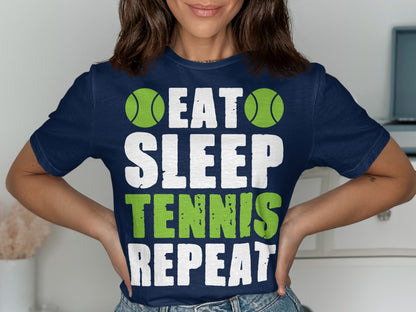 Navy t-shirt with "EAT SLEEP TENNIS REPEAT" text and tennis balls.