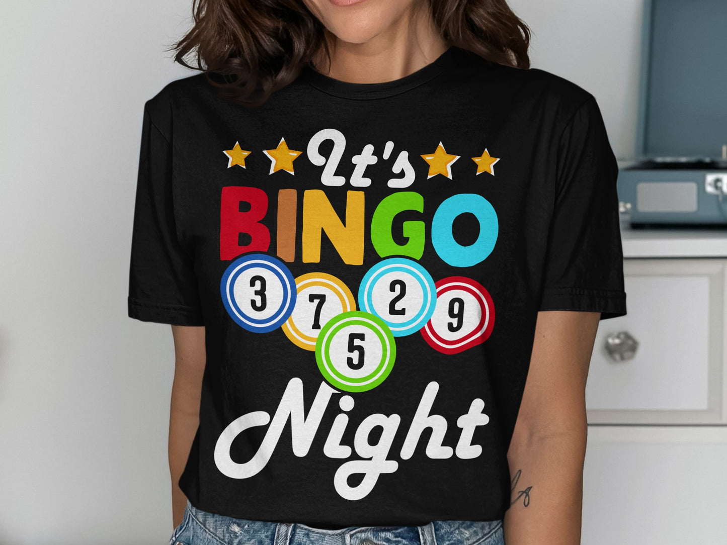 Black t-shirt with "It's BINGO Night" and colorful bingo balls.