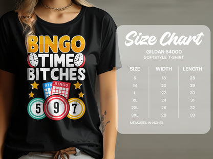T-shirt with "Bingo Time Bitches" and bingo balls, with a size chart.