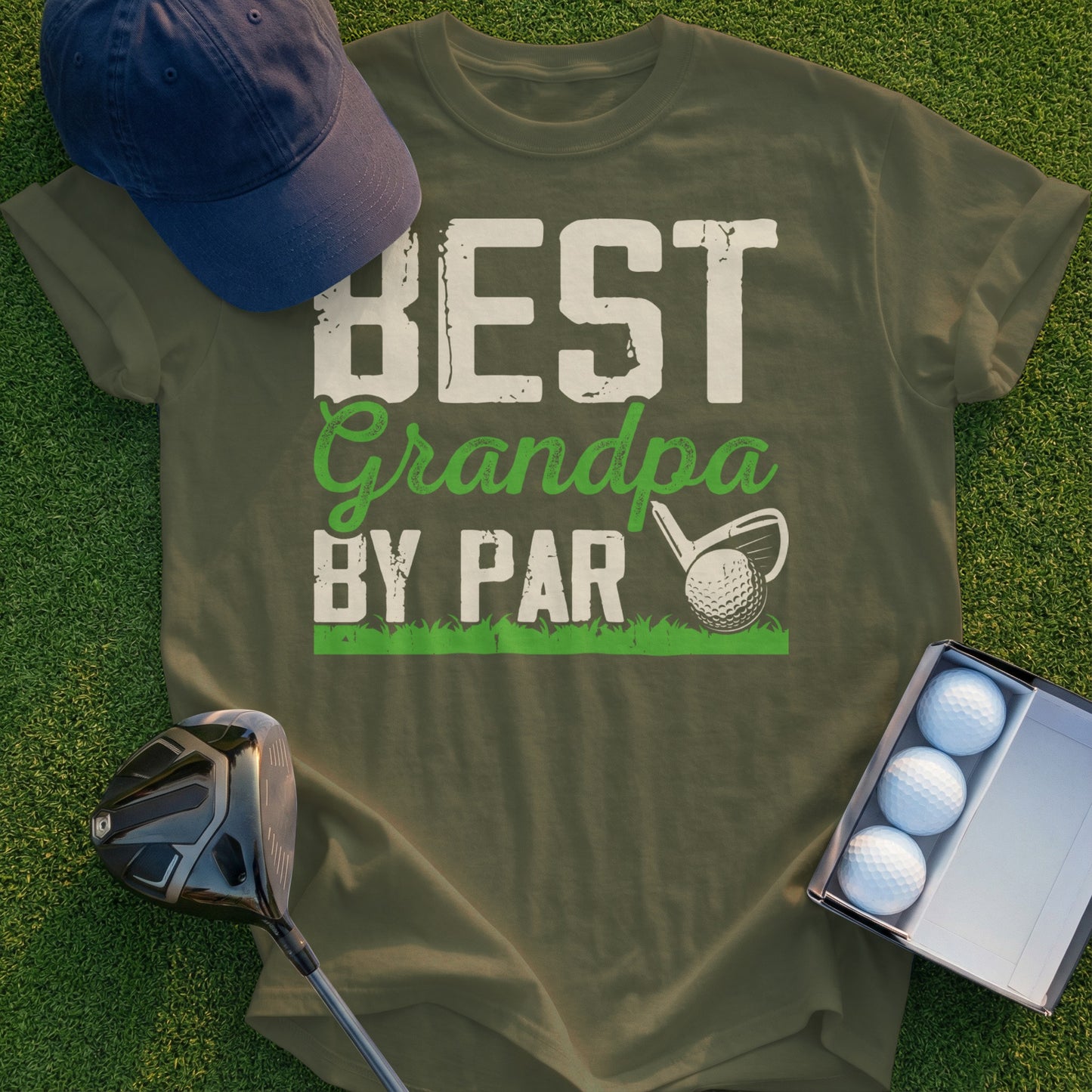 Green t-shirt with "BEST Grandpa BY PAR" text and golf imagery.