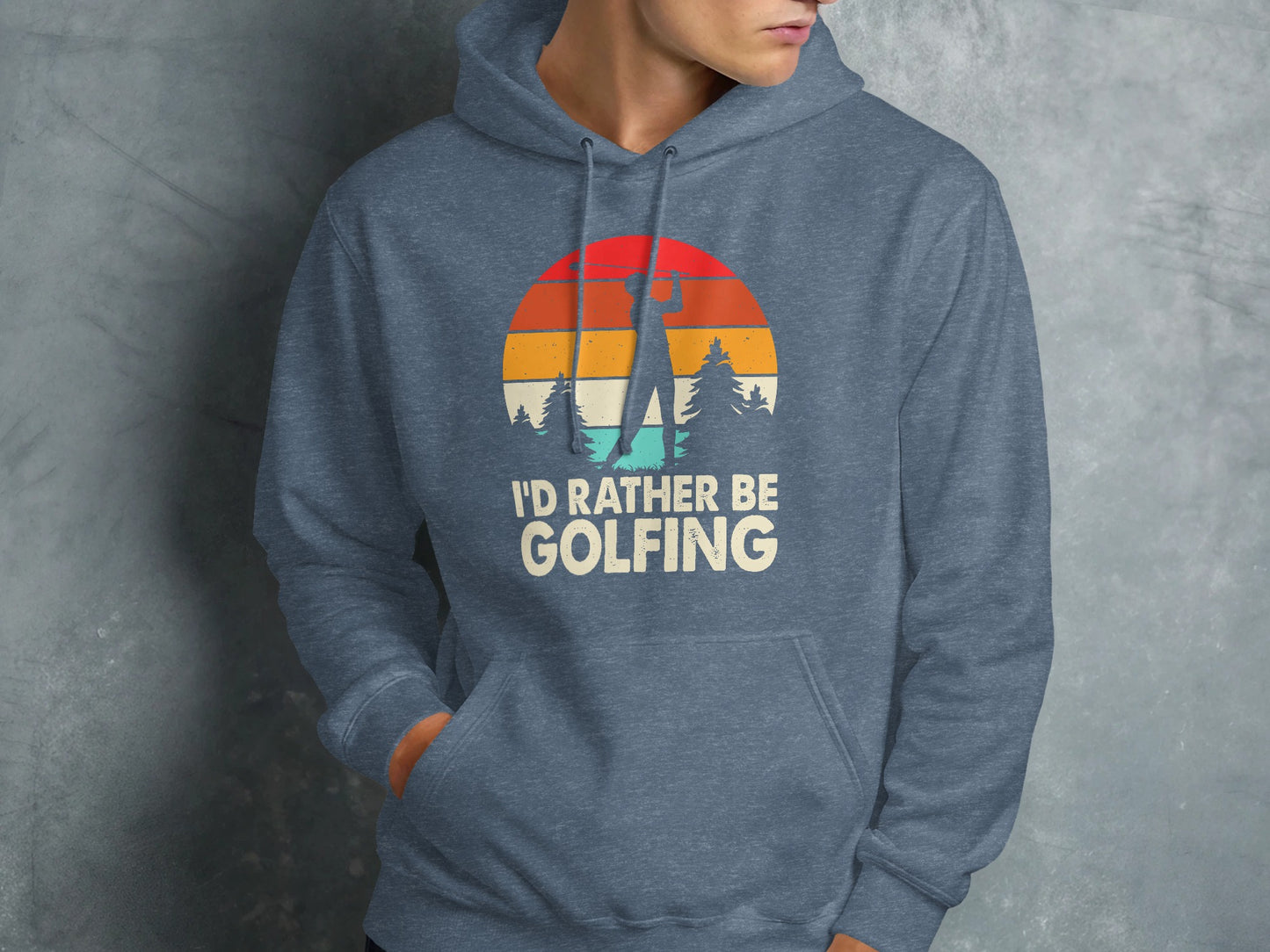 Hoodie with a retro sunset graphic and text "I'd Rather Be Golfing".