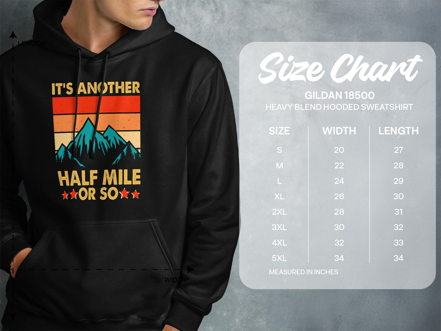 Hooded sweatshirt with mountain graphic and size chart.