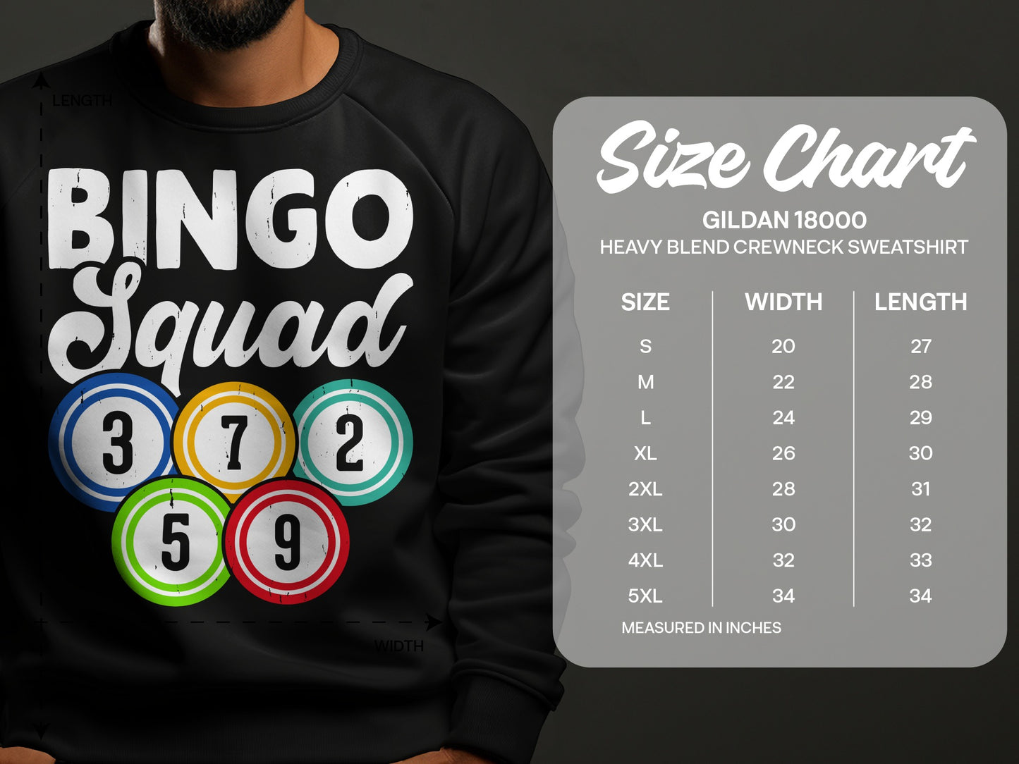 Gildan 18000 crewneck sweatshirt with "Bingo Squad" and size chart.