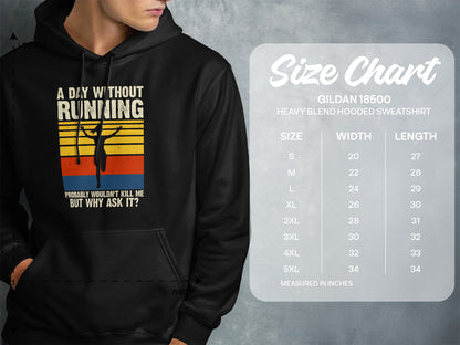 Hooded sweatshirt size chart for Gildan 18500 with running graphic.