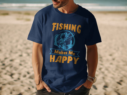 Navy blue t-shirt with "Fishing Makes Me Happy" and a fish graphic.