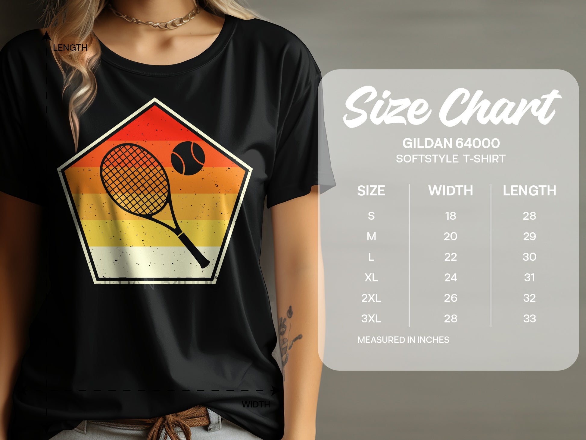 T-shirt size chart with tennis graphic, showing size, width, and length.