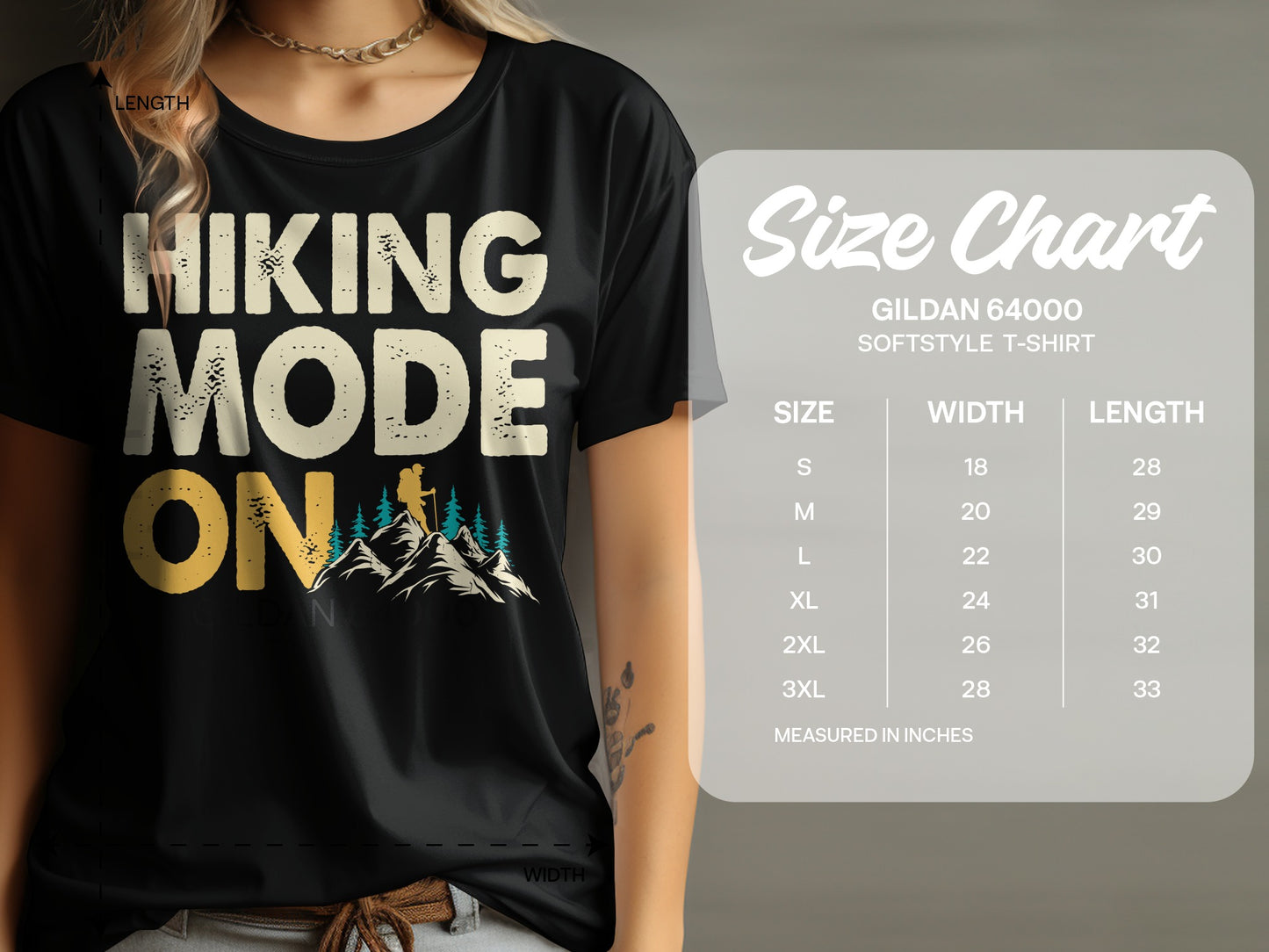 Black t-shirt with "Hiking Mode On" graphic, next to a size chart.