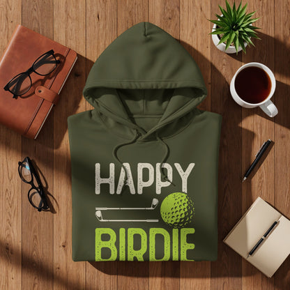 Olive green hoodie with "HAPPY BIRDIE" text and golf ball graphic.