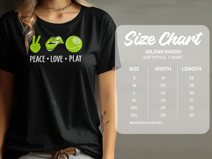 Black t-shirt with "Peace Love Play" graphic, next to a size chart.
