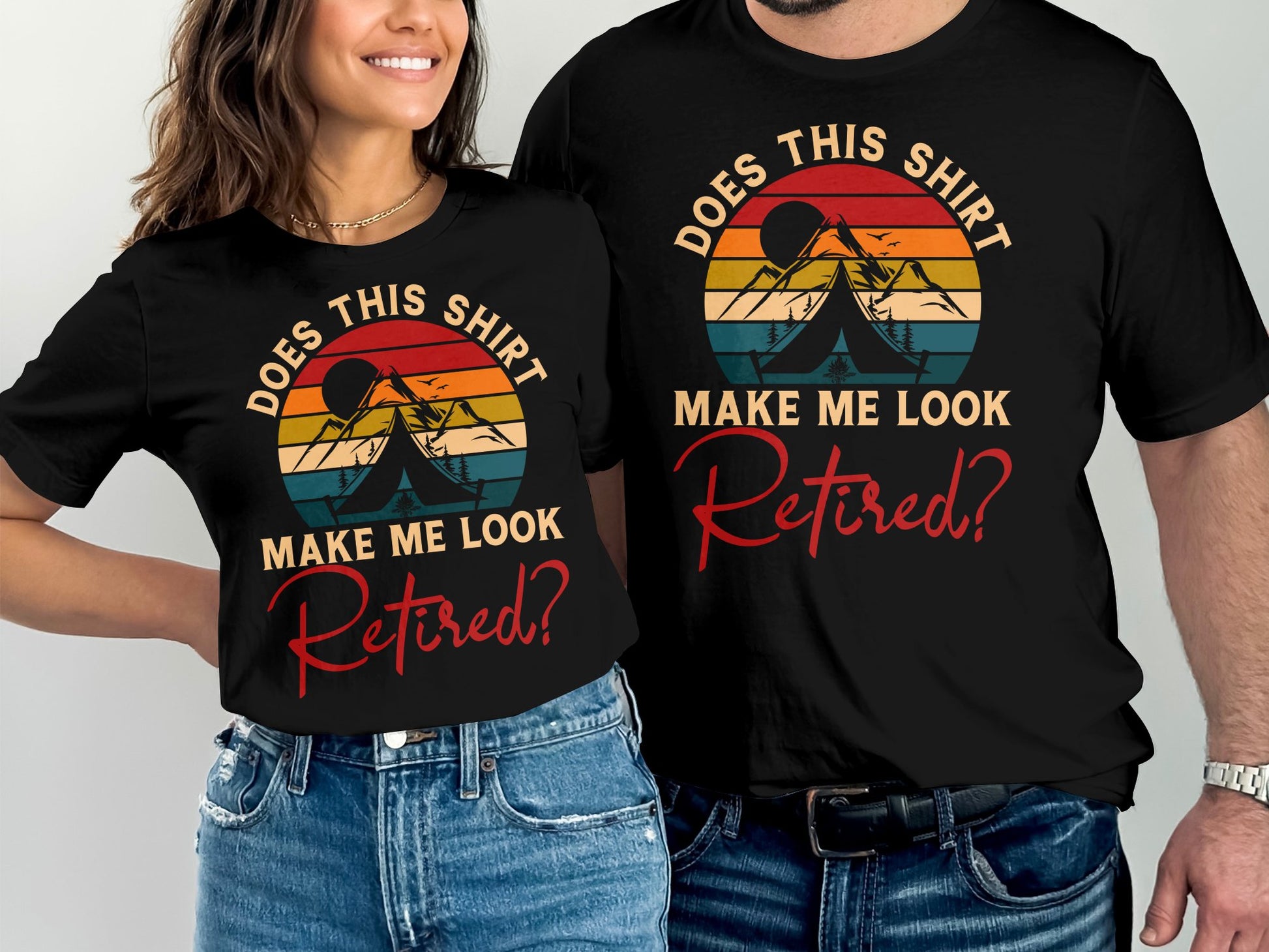 Black t-shirts with vintage sunset and camping graphic asking "Does this shirt make me look retired?".