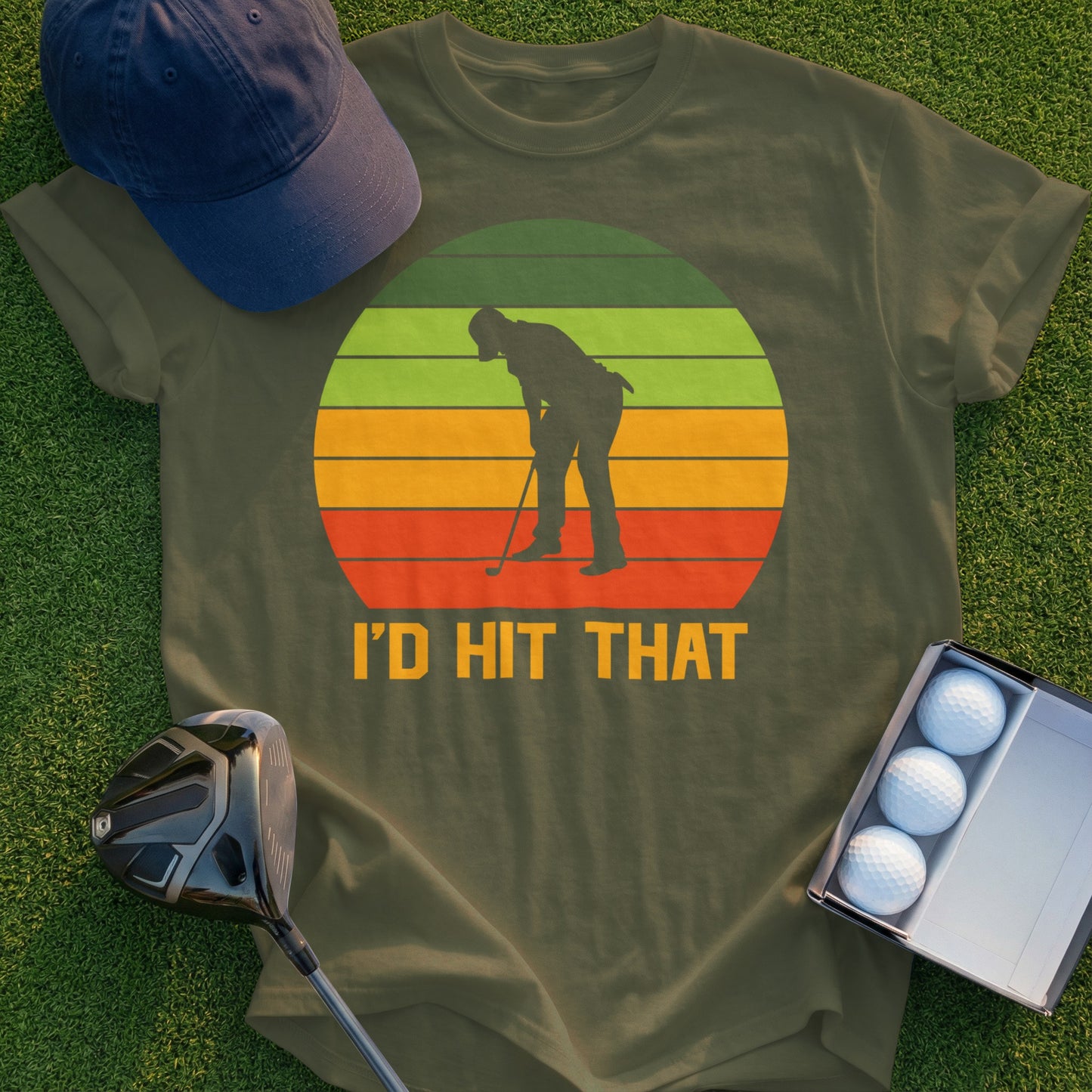 Olive green t-shirt with a golfer silhouette and "I'D HIT THAT" text.