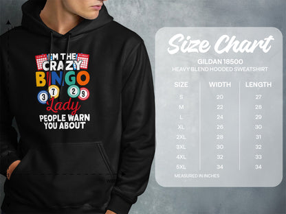 Hoodie with "Crazy Bingo Lady" design and size chart.