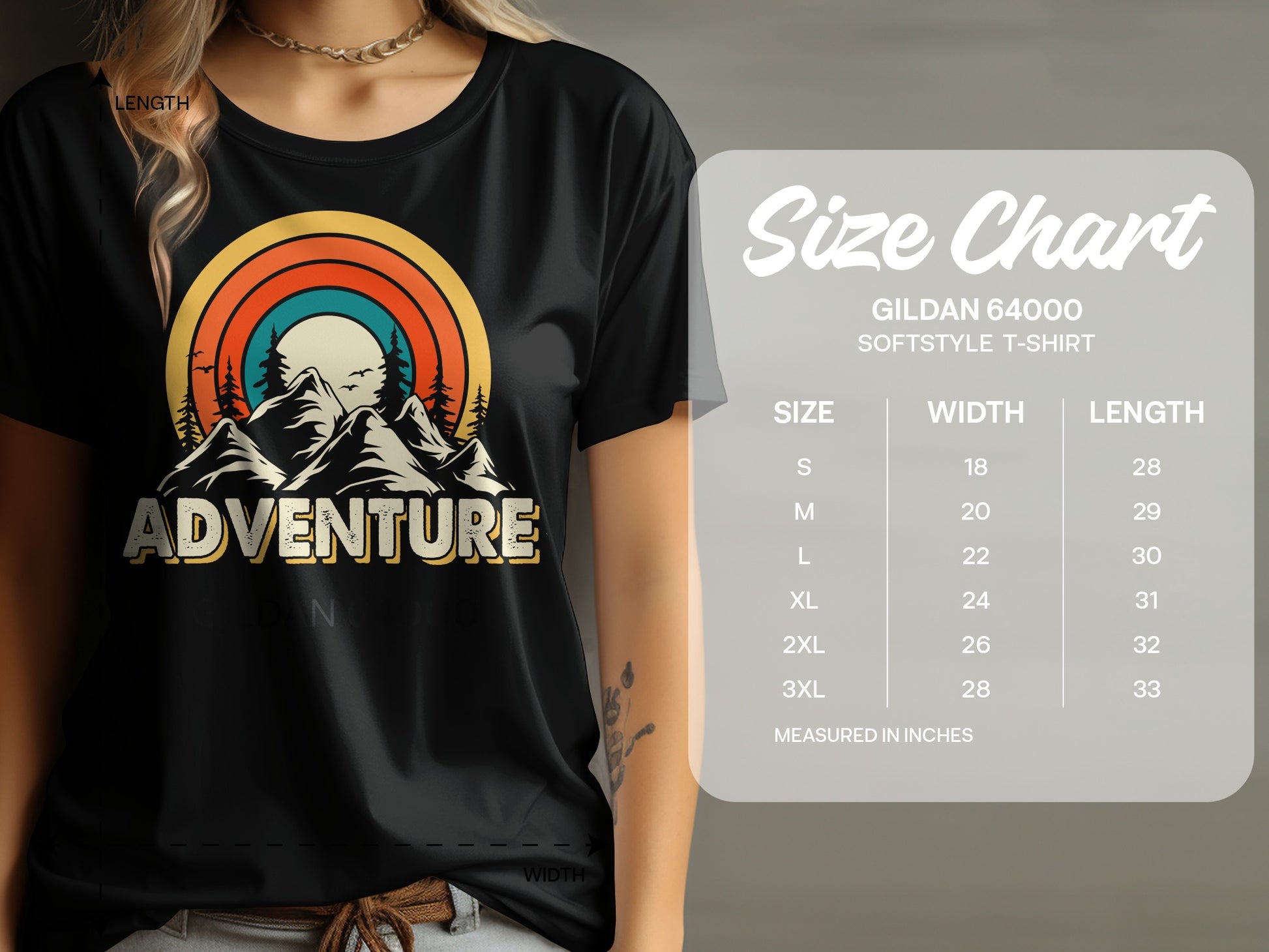 Black t-shirt with "Adventure" graphic and size chart.