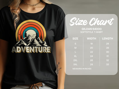Black t-shirt with "Adventure" graphic and size chart.