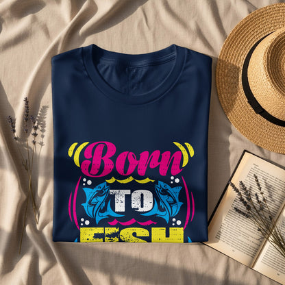 Dark blue t-shirt with "Born to Fish" text and colorful fish graphic.