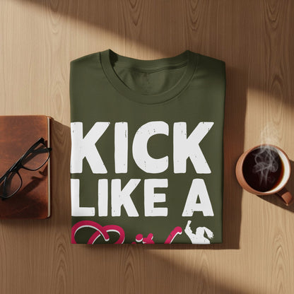 Olive green t-shirt with "KICK LIKE A" in white text and a pink ribbon.