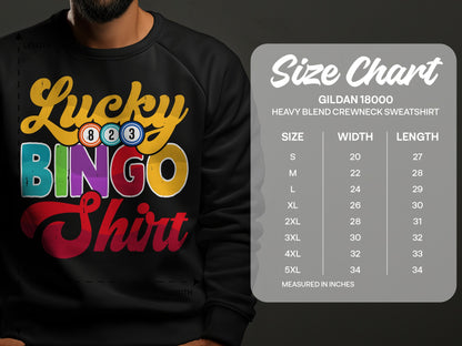 Lucky Bingo Shirt graphic with Gildan 18000 sweatshirt size chart.