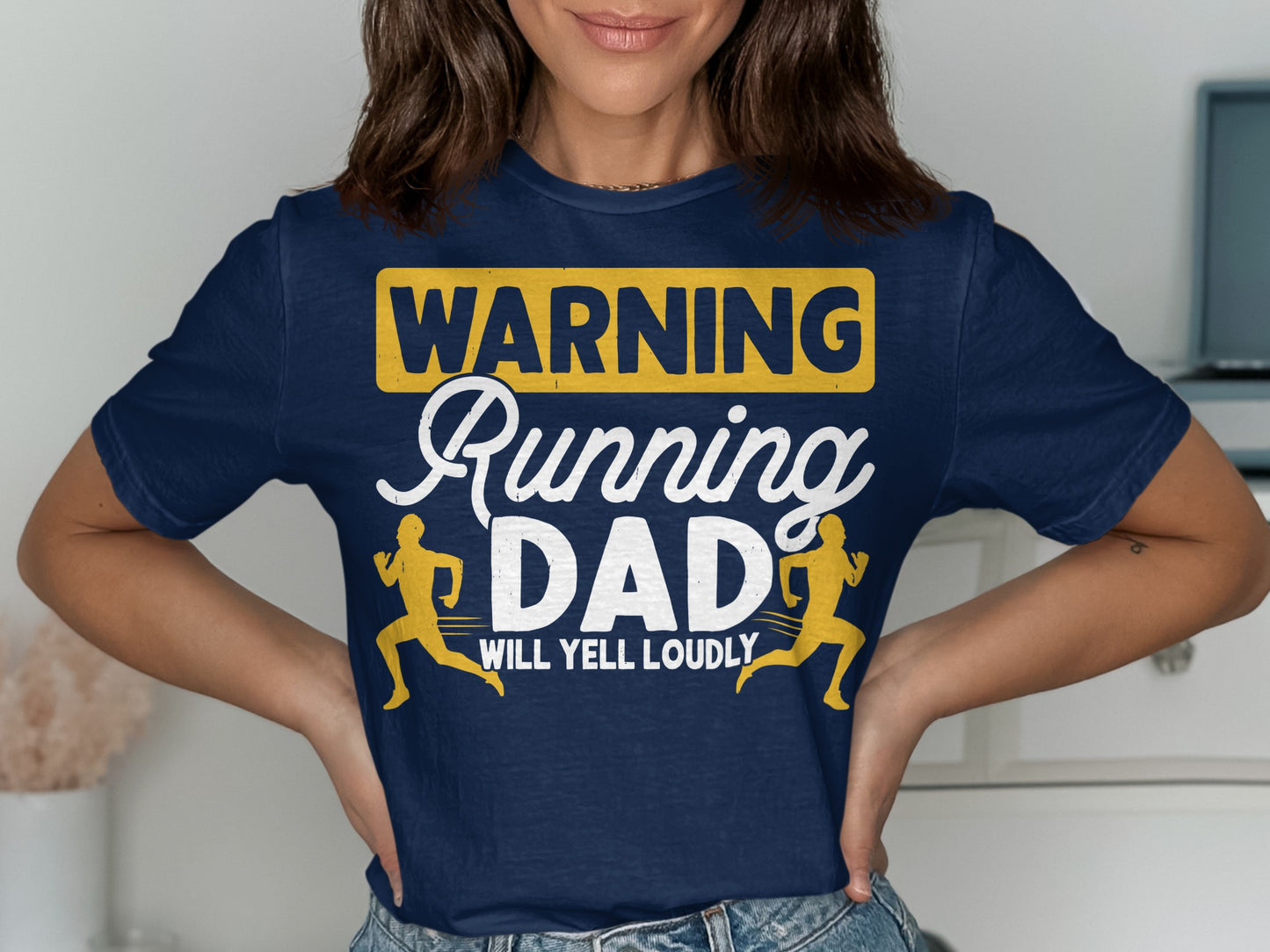 Navy t-shirt with "WARNING Running Dad Will Yell Loudly" text and running figures.
