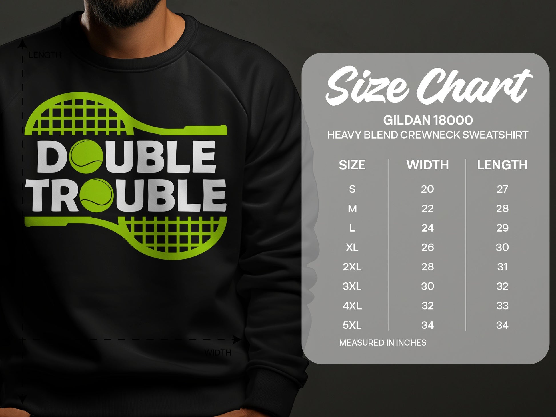 Gildan 18000 sweatshirt size chart with "Double Trouble" graphic.