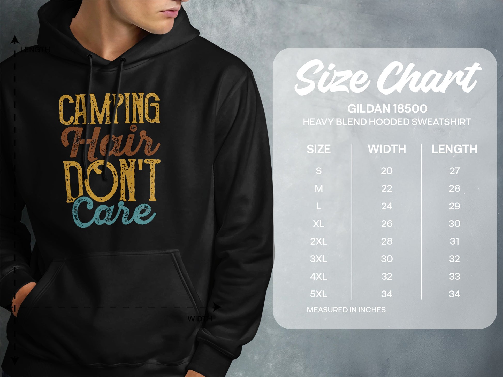 Hoodie with "Camping Hair Don't Care" graphic and Gildan 18500 size chart.