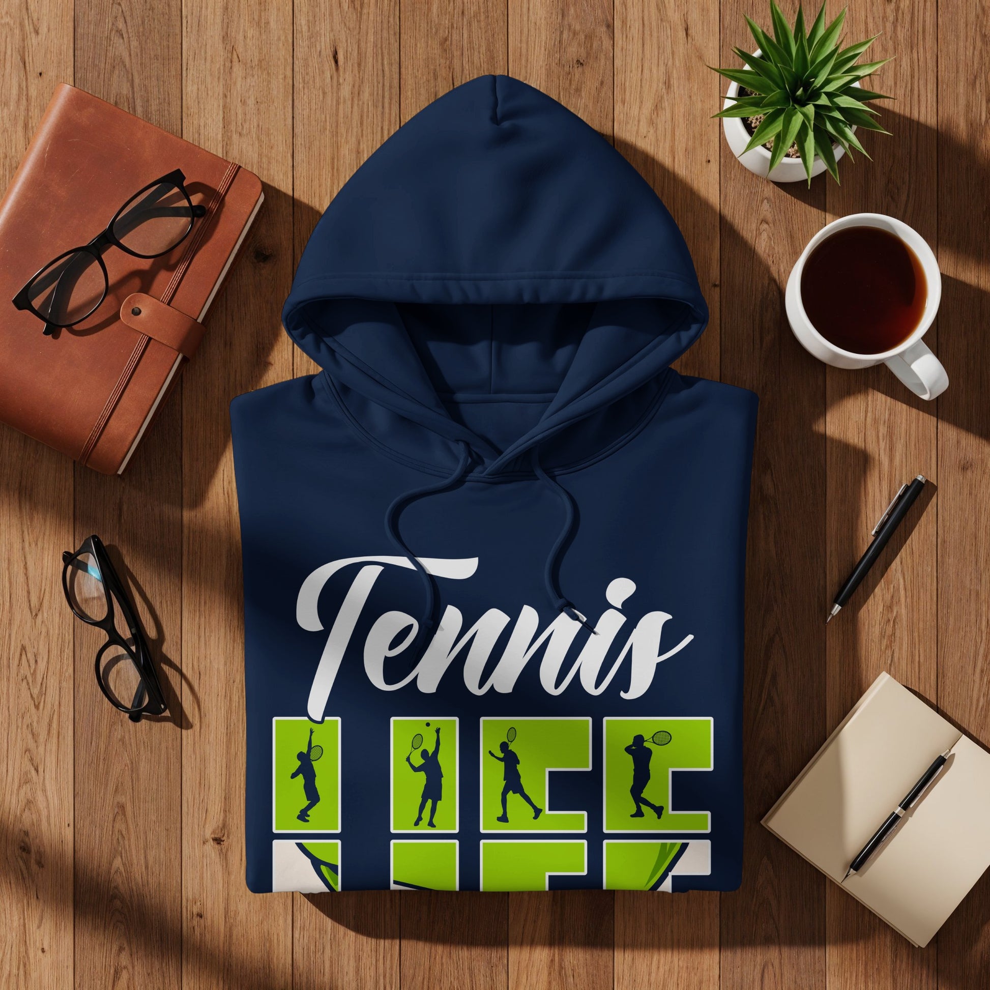 Navy blue hoodie with "Tennis Life" graphic and stylized figures.