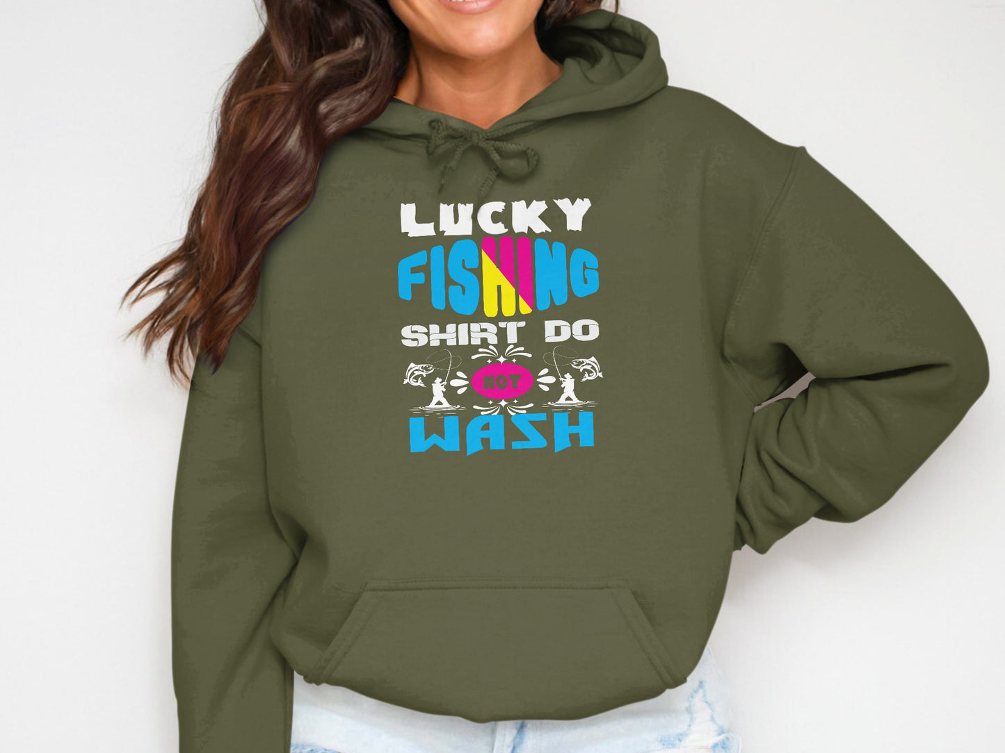 Green hoodie with "Lucky Fishing Shirt Do Not Wash" graphic.