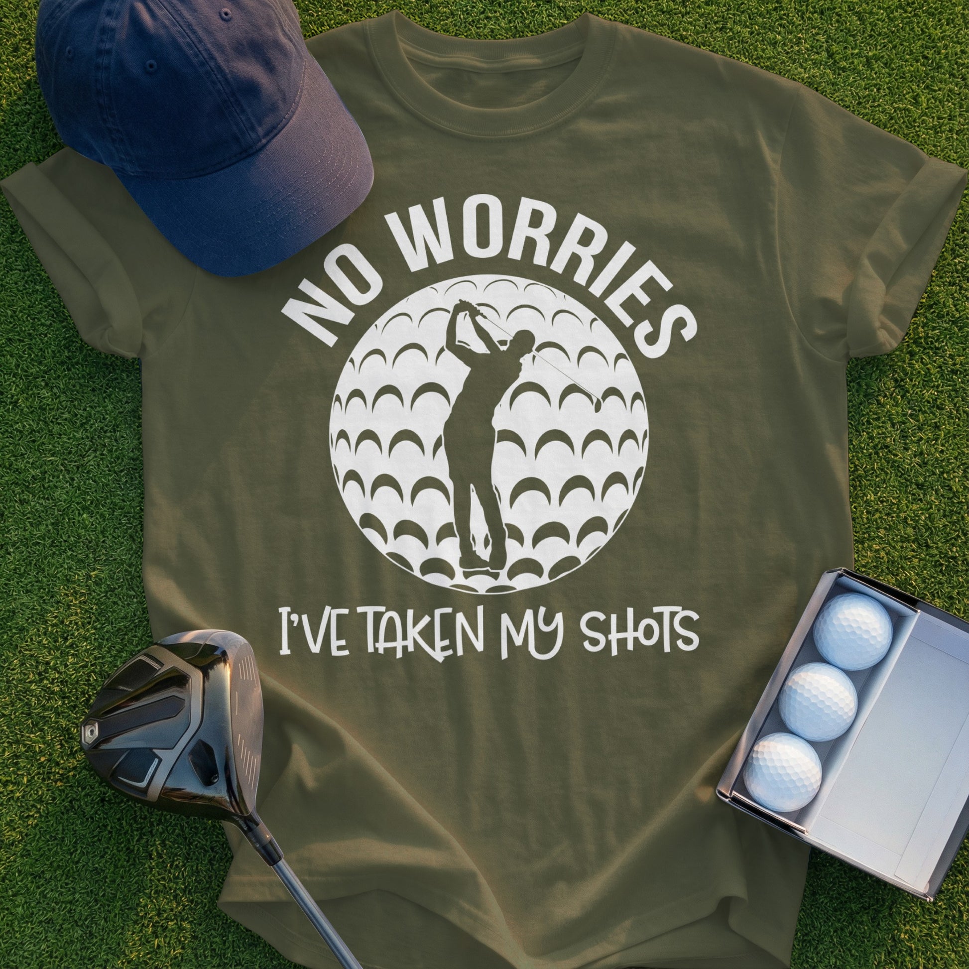 Golf t-shirt with "No Worries I've Taken My Shots" text and golfer graphic.