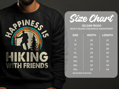 Gildan 18000 sweatshirt size chart with "Happiness is Hiking with Friends" graphic.