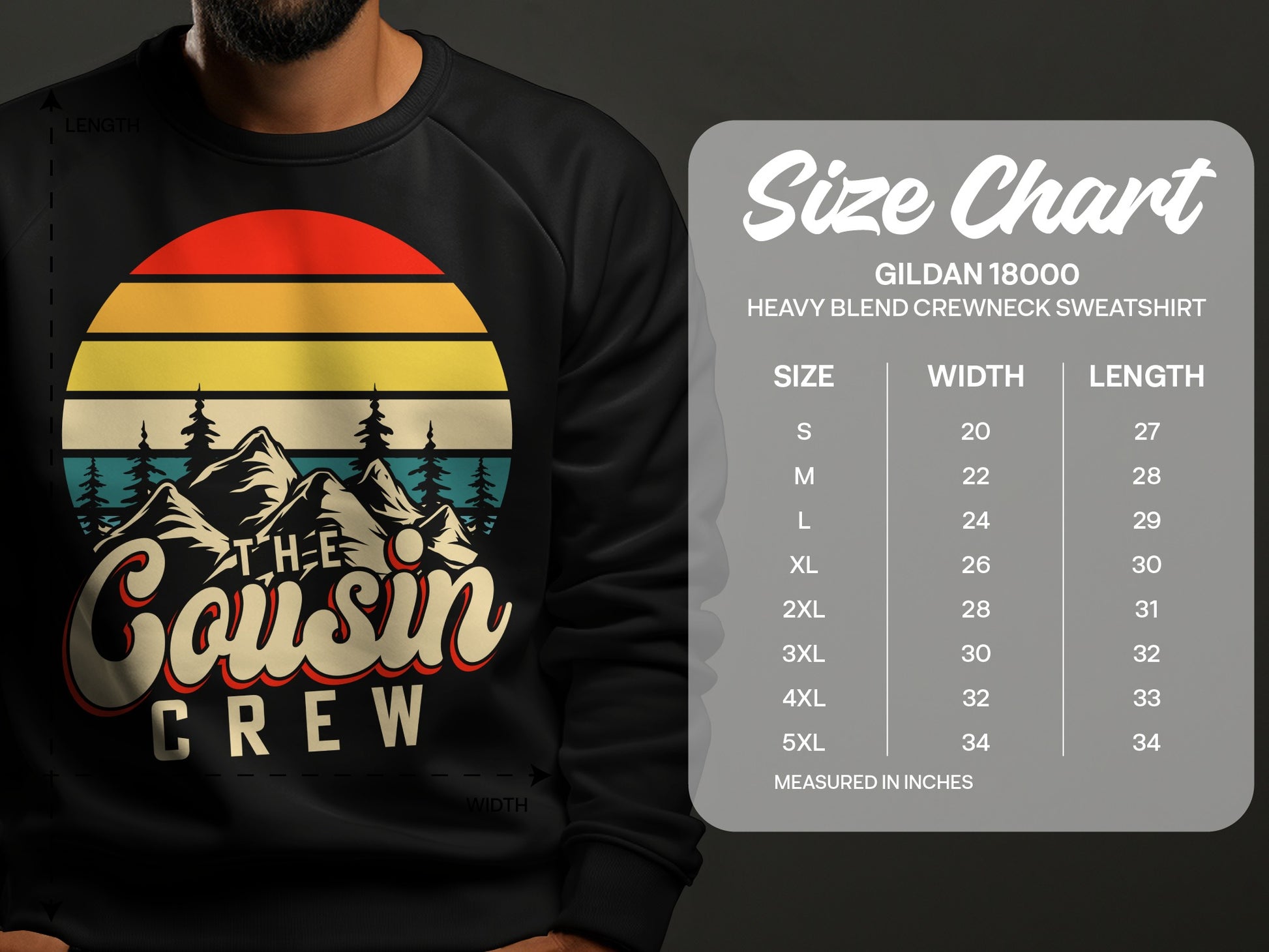 Sweatshirt with "The Cousin Crew" graphic and a size chart.