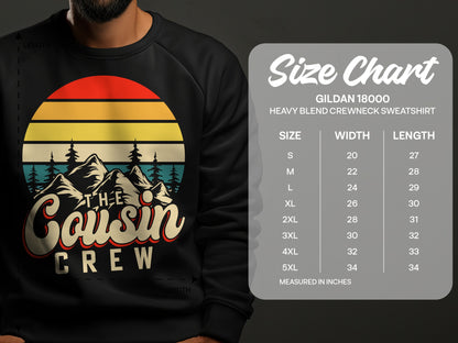Sweatshirt with "The Cousin Crew" graphic and a size chart.