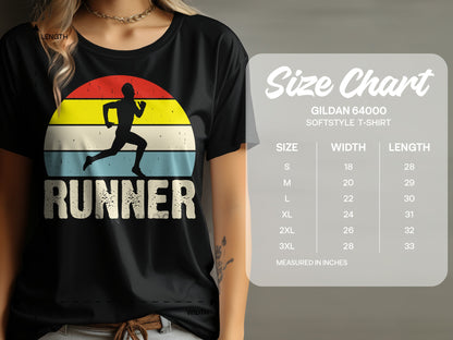 Black t-shirt with "RUNNER" text and sunset graphic, includes size chart.